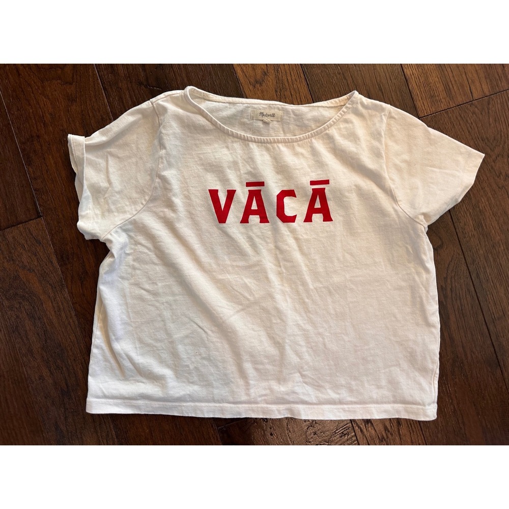 Madewell VACA Graphic T-Shirt Womens Medium Off White Red Cotton Tee